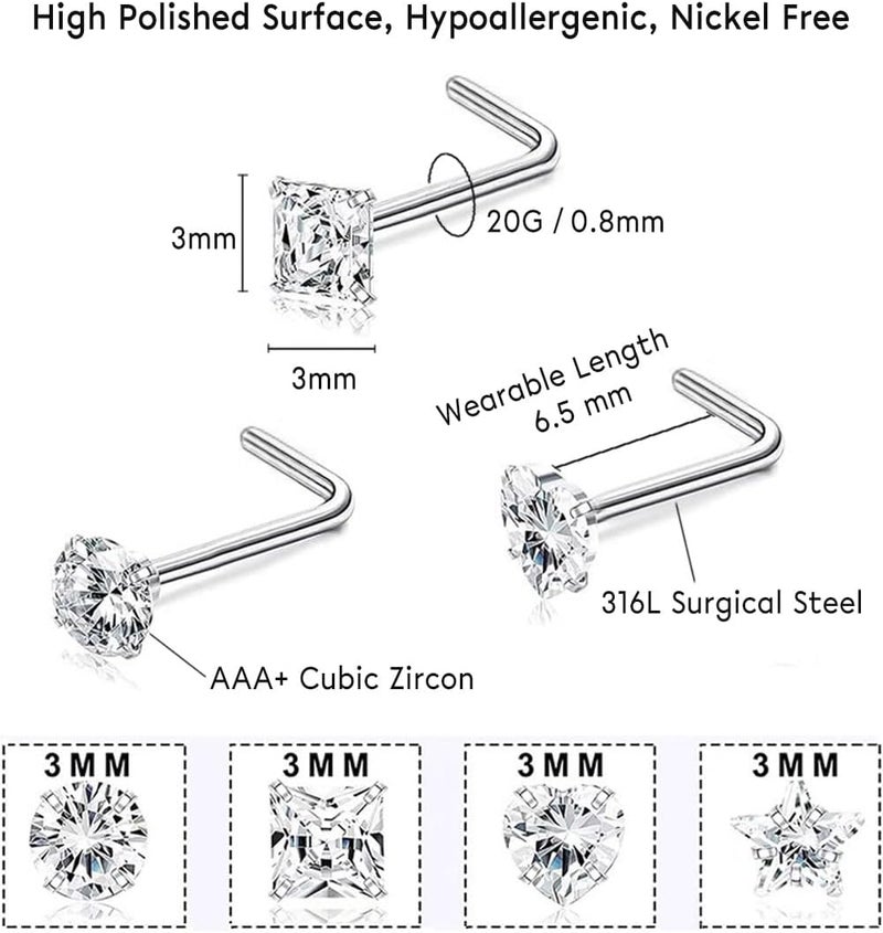 SEEDRILL 8Pcs 20G Nose Rings studs for Woman Hypoallergenic Nose Studs 316L Surgical Steel with Gold Plated Nose Piercings Jewelry 3mm CZ L Shape Nose Rings 20 Gauge Nose Stud Nose Screw Studs - Image 3